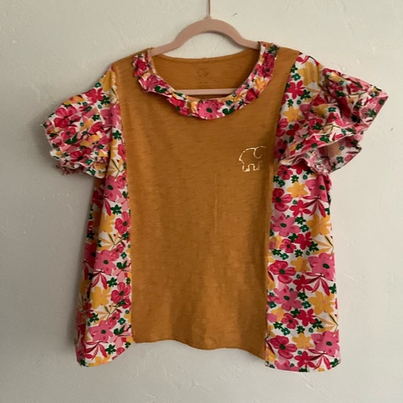 Hand Crafted Tops - Upcycled Reworked Mustard Floral Ruffle Mixed Media Top Medium